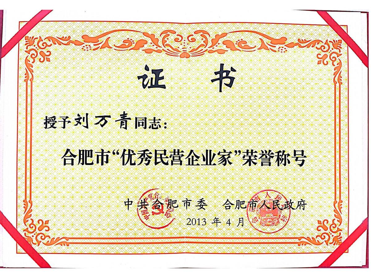 董事長劉萬青被合肥市委、合肥市人民政府授予“合肥市優(yōu)秀民營企業(yè)家”榮譽稱號